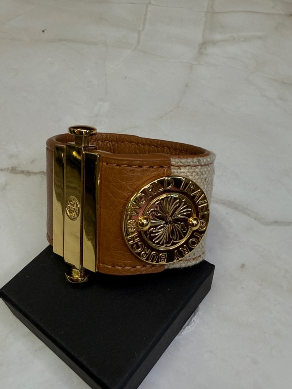 Tory Burch Tan Leather & Beige Canvas Logo Cuff with Gold Hardware